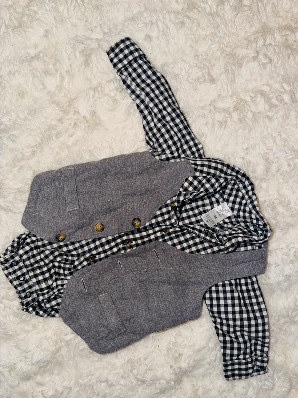 Boys Black & White Gingham Shirt with Gray Vest - Classic Two-Piece